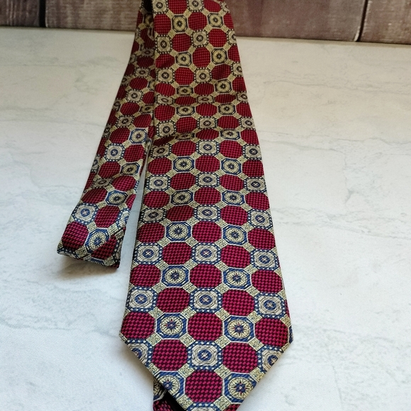 Lands End Silk Necktie Tie Red Multicolored Geometric Multi Pattern Handsewn - Picture 3 of 9
